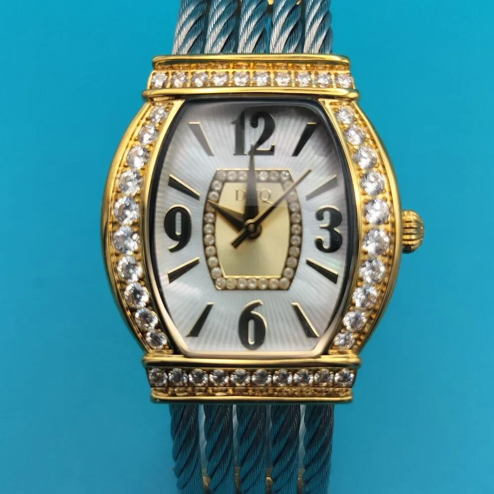 DMQ Women's Gold Tone Cubic Zirconia Mother of Pearl Dial Cable Bangle Watch